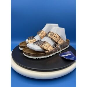 Birkenstock Arizona Womens Size 7 Narrow Copper Gator Gleam Two-Strap Sandals